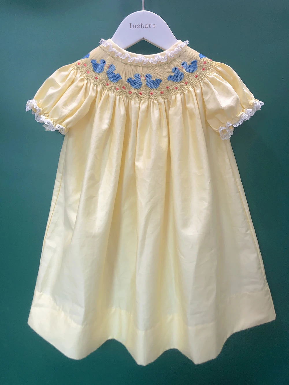Girls Smocked Dress Handmade Bird Embroidered Yellow Cotton Puff Sleeves Princess Vintage Eid Clothing