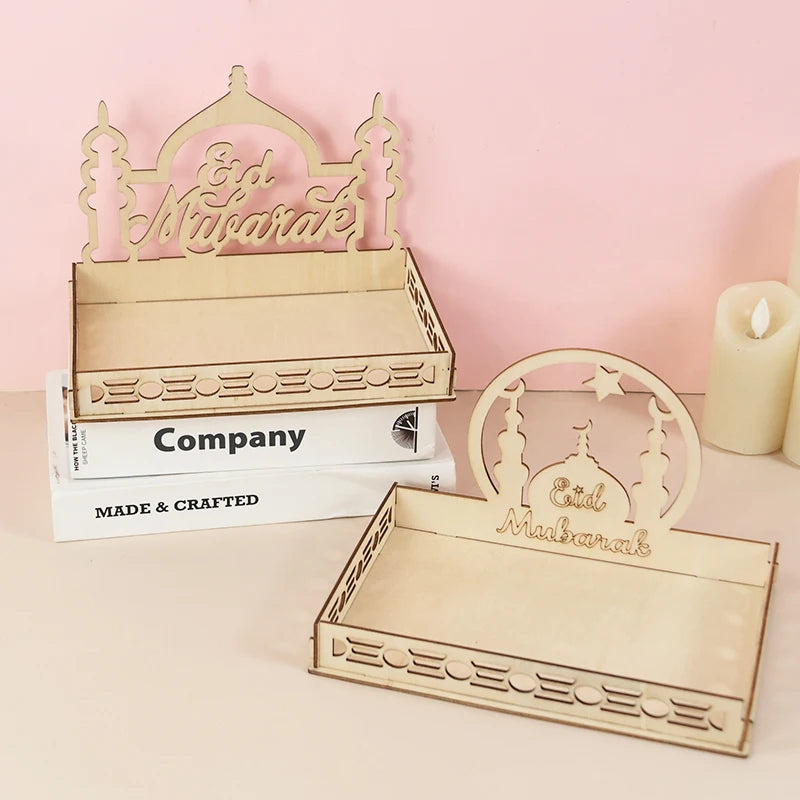 Wooden Eid Mubarak Food Tray Ramadan Decoration for Home Cake Display Islam Muslim Party Supplies 2024 Ramadan Kareem Eid Gifts