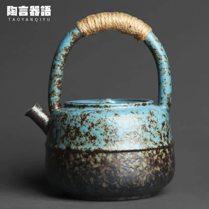 460ml Japanese-Style Kiln Changed Retro Stoneware Large-Sized Handle Teapot Handmade Pottery Kung Fu Wide-Mouth Warm Tea Kettle