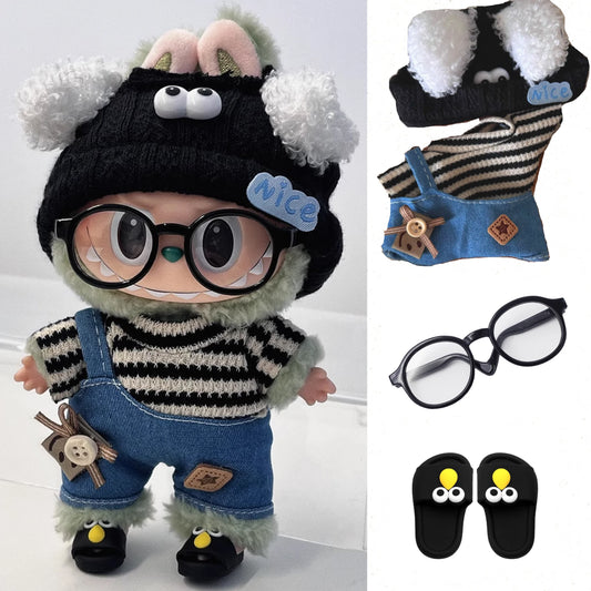 17cm Mini Doll'S Clothes Outfit Accessories for Korea Kpop Exo Labubu Idol V1 V2 Striped Sweater Overalls Glasses Hat Clothing