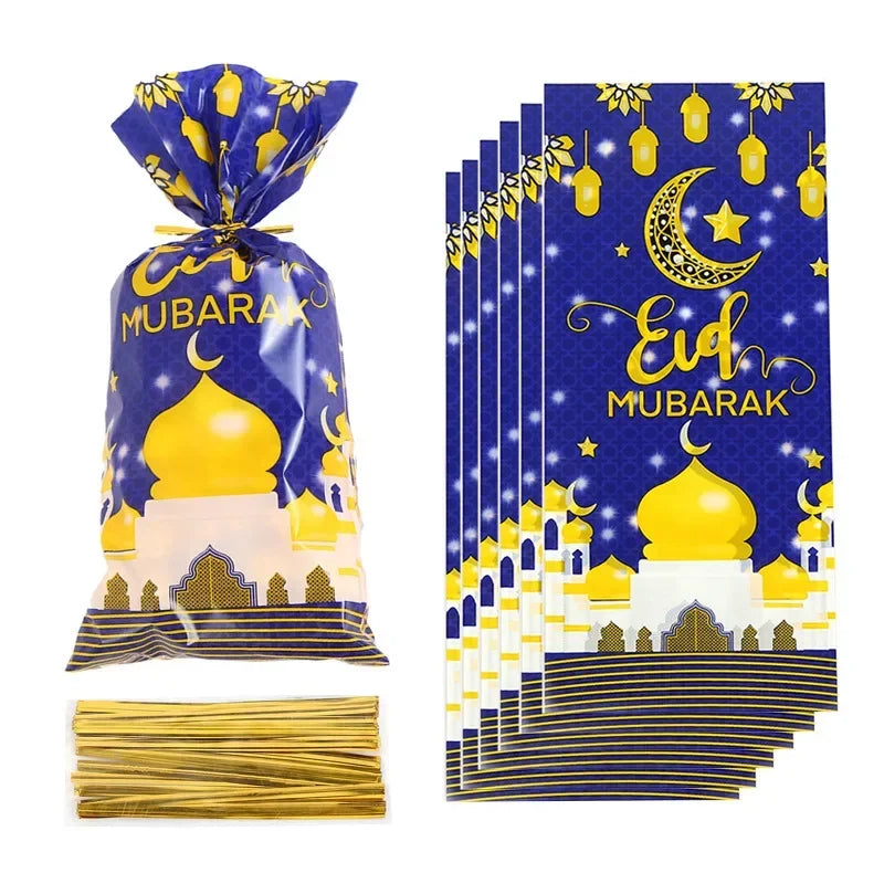 25/50pcs 2024 Eid Mubarak Gift Bags Plastic Candy Cookie Bag Ramadan Kareem Decor Islamic Muslim Party Supplies Eid Gifts Bags