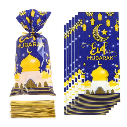 25/50pcs 2024 Eid Mubarak Gift Bags Plastic Candy Cookie Bag Ramadan Kareem Decor Islamic Muslim Party Supplies Eid Gifts Bags