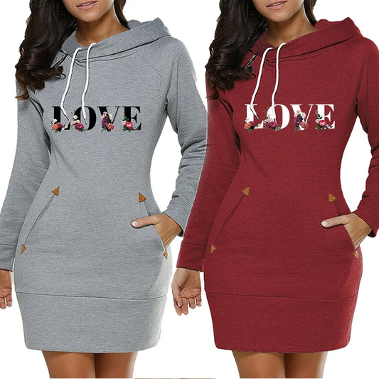 Autumn Womens Dresses LOVE Letter Printing Long Sleeves Knee Length Dress High Street Warm Hooded Frock Casual Women's Clothing