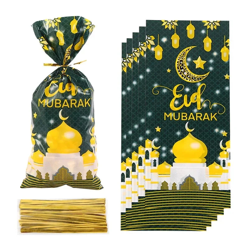 25/50pcs 2024 Eid Mubarak Gift Bags Plastic Candy Cookie Bag Ramadan Kareem Decor Islamic Muslim Party Supplies Eid Gifts Bags