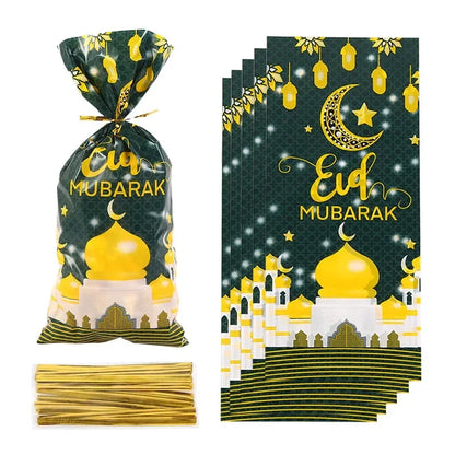 25/50pcs 2024 Eid Mubarak Gift Bags Plastic Candy Cookie Bag Ramadan Kareem Decor Islamic Muslim Party Supplies Eid Gifts Bags