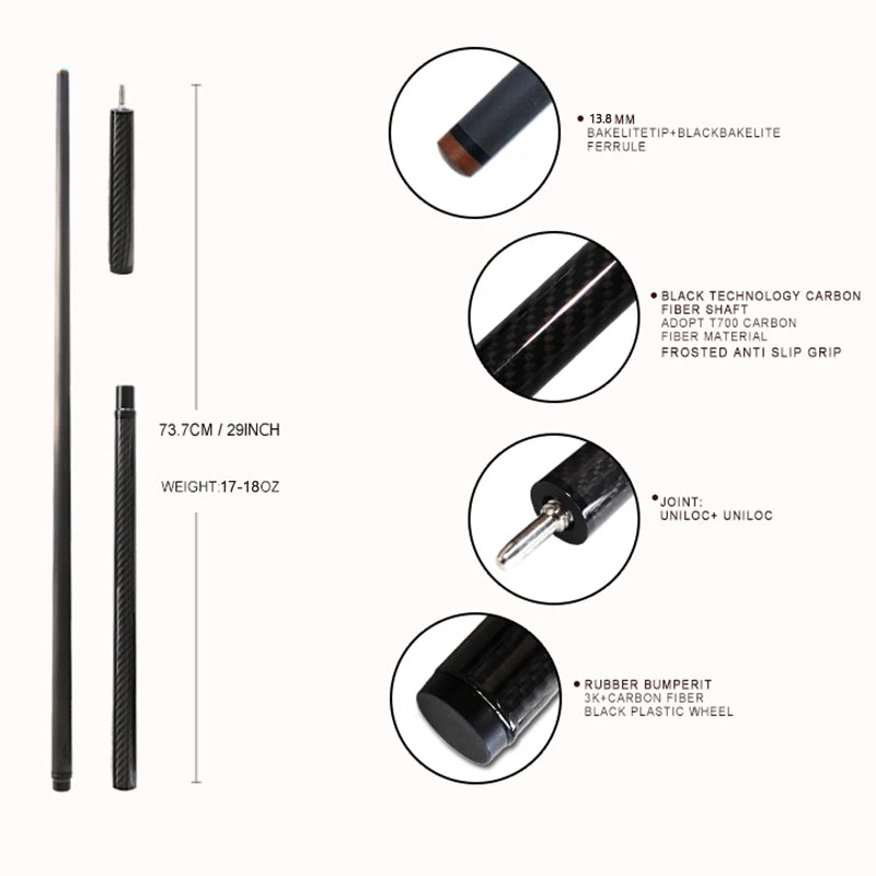 3-Pc Carbon Fiber Cue Stick Break Jump Carbon Pool Cue Stick 3K Black Technology Bakelite 13.8mm 1247mm/48in 20oz Billiard Stick