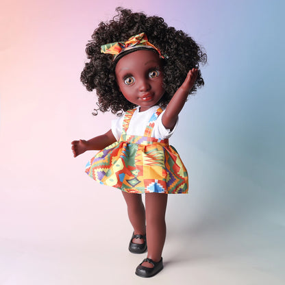 One Piece 14 Inch American African Black Doll With Curly Hair - Perfect Gift for Girls on Birthday - Full Set Included