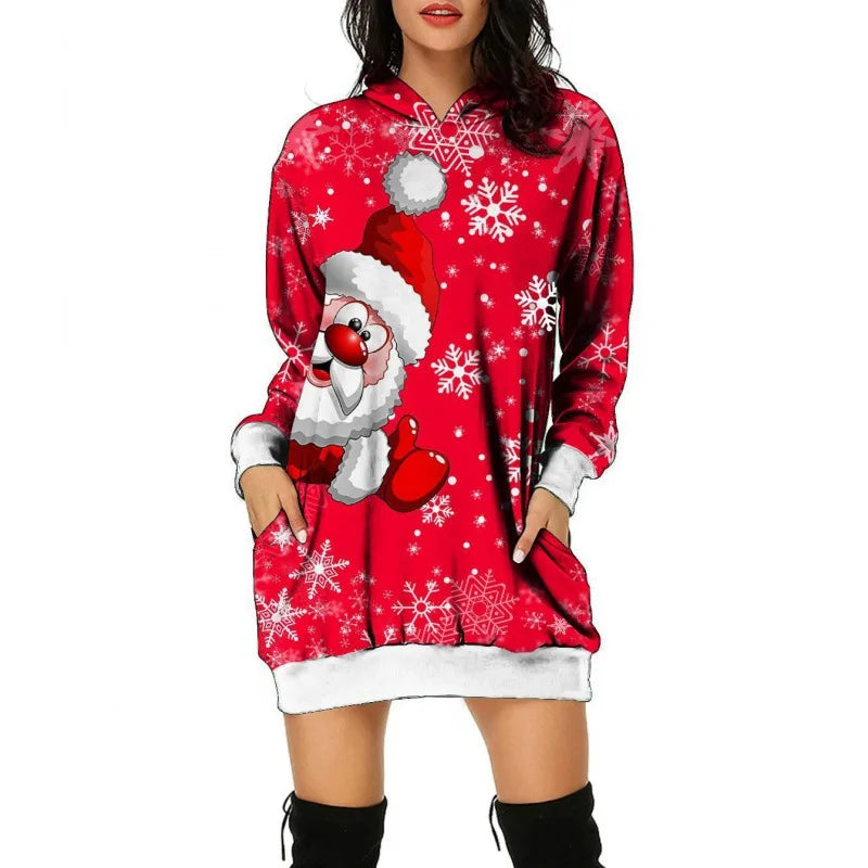 Christmas Tree Print Women Party Knitted Hoodie Dress Women Evening Dress Autumn Fashion Loose Sexy Mini Festival Famale Clothes