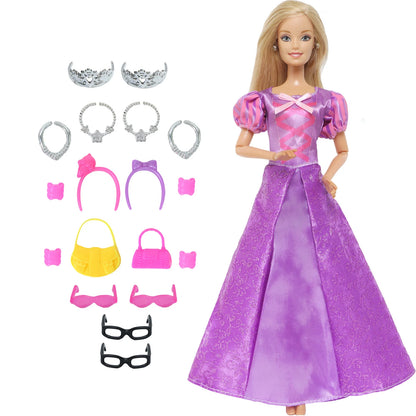 14 Pcs / Lot = 1x Fairy Tale Doll Dress + 13x Random Accessories Shoes Handbag Glasses Clothes for Barbie Doll Girl Baby Toys