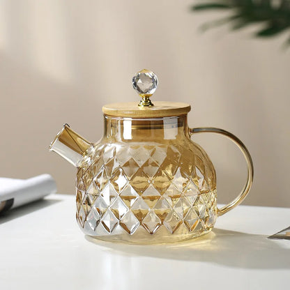 YWDL 1/1.5/1.8l Glass Teapot With Bamboo Lid Amber Color Diamond Cold Kettle Heat-Resisting Pot for Loose Leaf Fruit Scented Tea