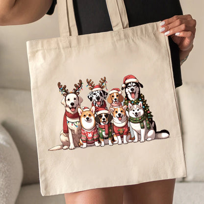 Christmas Dogs Pattern Tote Bag Canvas Shoulder Bag Women's Reusable Shopping Bags Best Gift for Xmas Dog Lover Christmas Gift