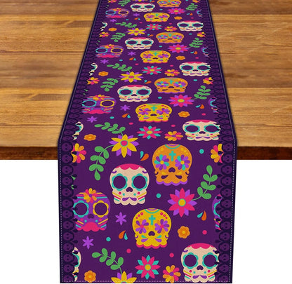 Dia De Los Muertos Linen Table Runners Halloween Sugar Skull Festive Decor Mexico Holiday Home Party Kitchen Dining Table Decor