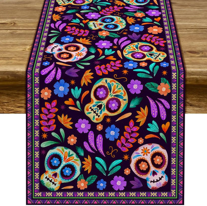 Dia De Los Muertos Linen Table Runners Halloween Sugar Skull Festive Decor Mexico Holiday Home Party Kitchen Dining Table Decor