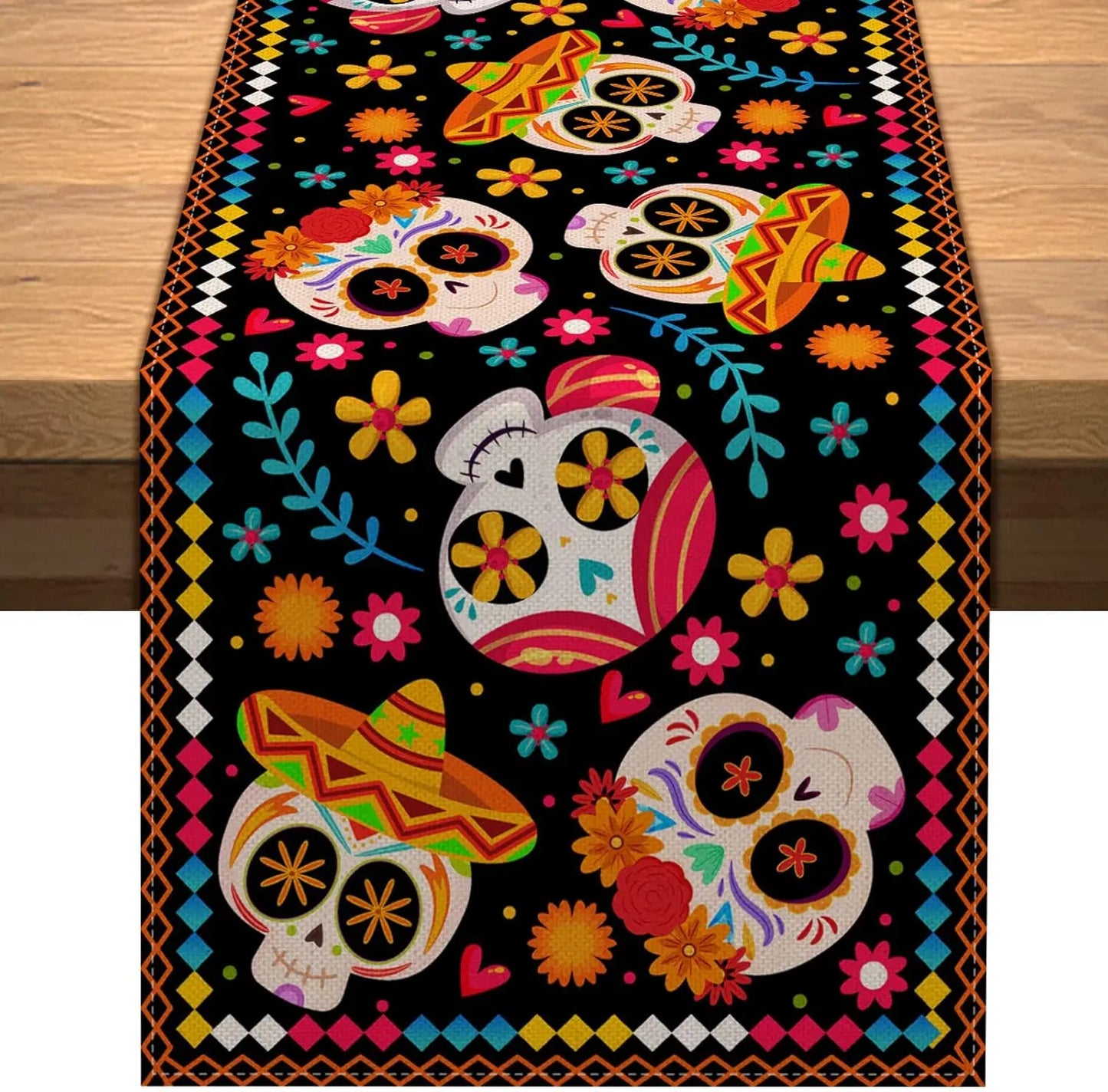 Dia De Los Muertos Linen Table Runners Halloween Sugar Skull Festive Decor Mexico Holiday Home Party Kitchen Dining Table Decor