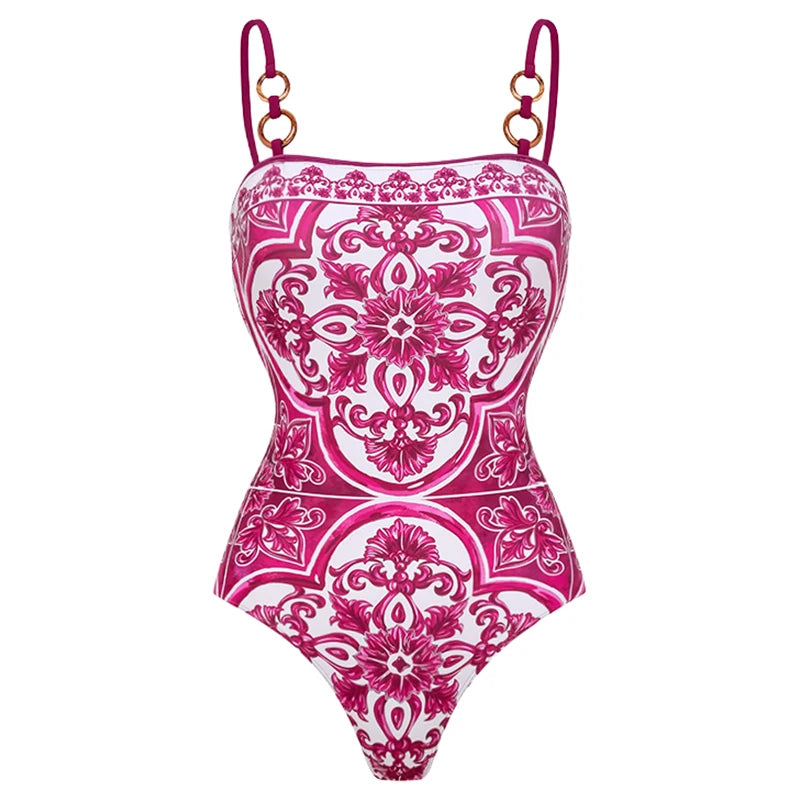 Flaxmaker Classic Women Sexy Bikini Sets Long Sleeves Majolica Series Pattern Print One Piece Swimsuit Skirt Biquini Beachwear