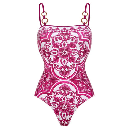 Flaxmaker Classic Women Sexy Bikini Sets Long Sleeves Majolica Series Pattern Print One Piece Swimsuit Skirt Biquini Beachwear