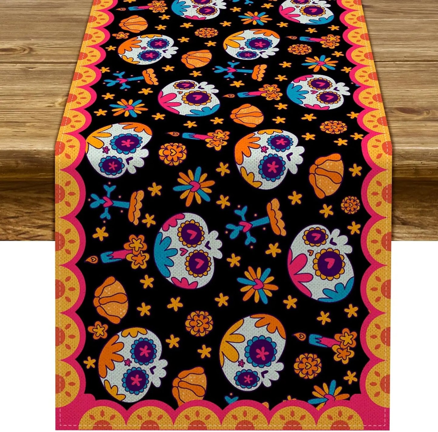 Dia De Los Muertos Linen Table Runners Halloween Sugar Skull Festive Decor Mexico Holiday Home Party Kitchen Dining Table Decor