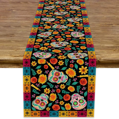 Dia De Los Muertos Linen Table Runners Halloween Sugar Skull Festive Decor Mexico Holiday Home Party Kitchen Dining Table Decor