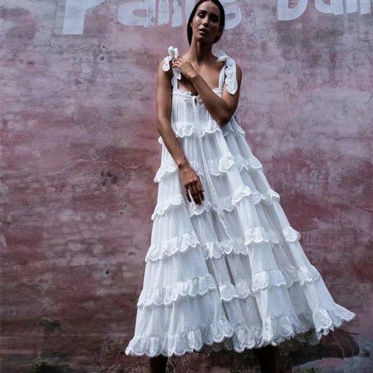KHALEE YOSE White Summer Long Dress Boho Holiday Dresses Womens Cotton Lace Off the Shoulder Chic Strappy Layer Sexy Beach Dress