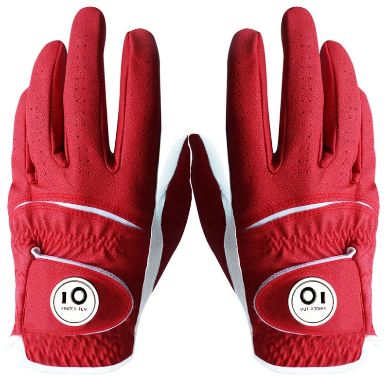 2 Pcs Soft Pu Leather Mens Golf Gloves With Ball Marker Cabretta All Weather Grip Navy Khaki Red Small Medium Large XL