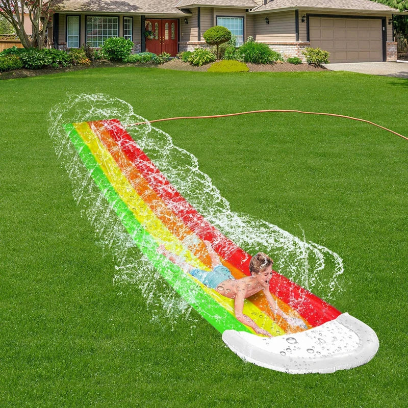 16 FT Lawn Water Slides Rainbow Slip Slide Play Center With Splash Sprinkler and Inflatable Crash Pad for Kids Summer  Pool Toys