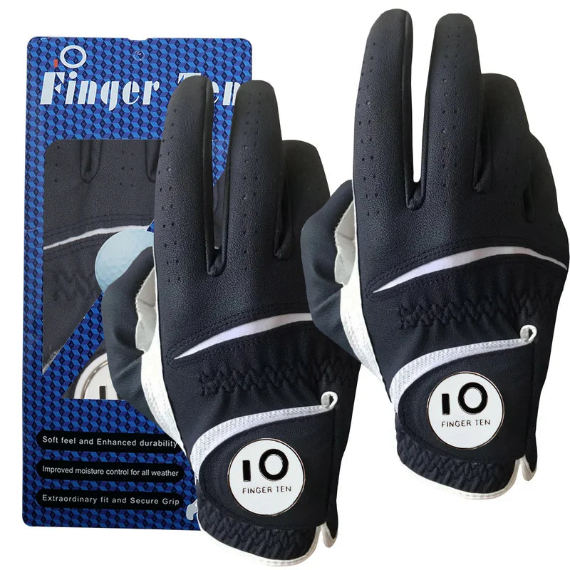 2 Pcs Soft Pu Leather Mens Golf Gloves With Ball Marker Cabretta All Weather Grip Navy Khaki Red Small Medium Large XL