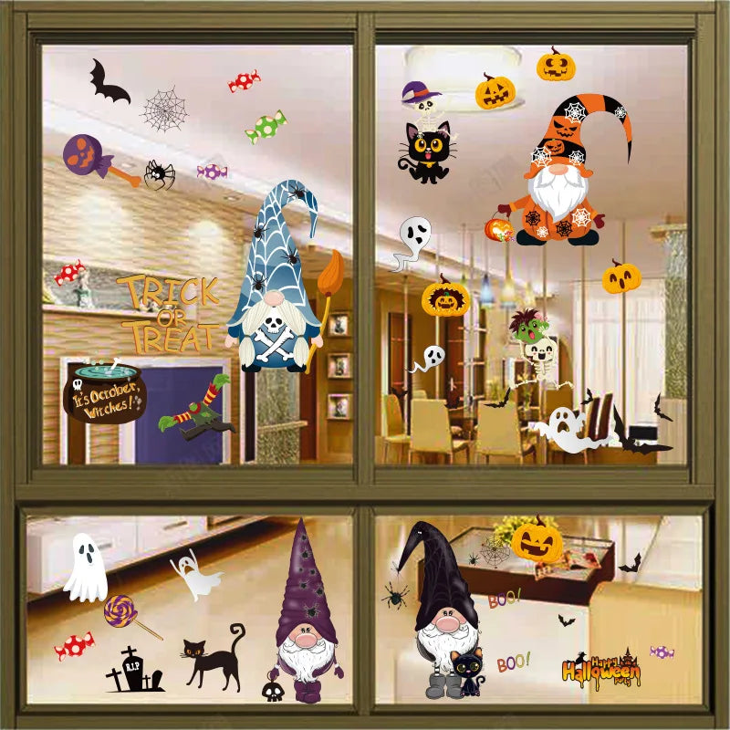 4sheets Halloween Stickers Gnome Window Clings Halloween Window Stickers Pumpkin Ghost Skeleton Bats Decals for Halloween Decor