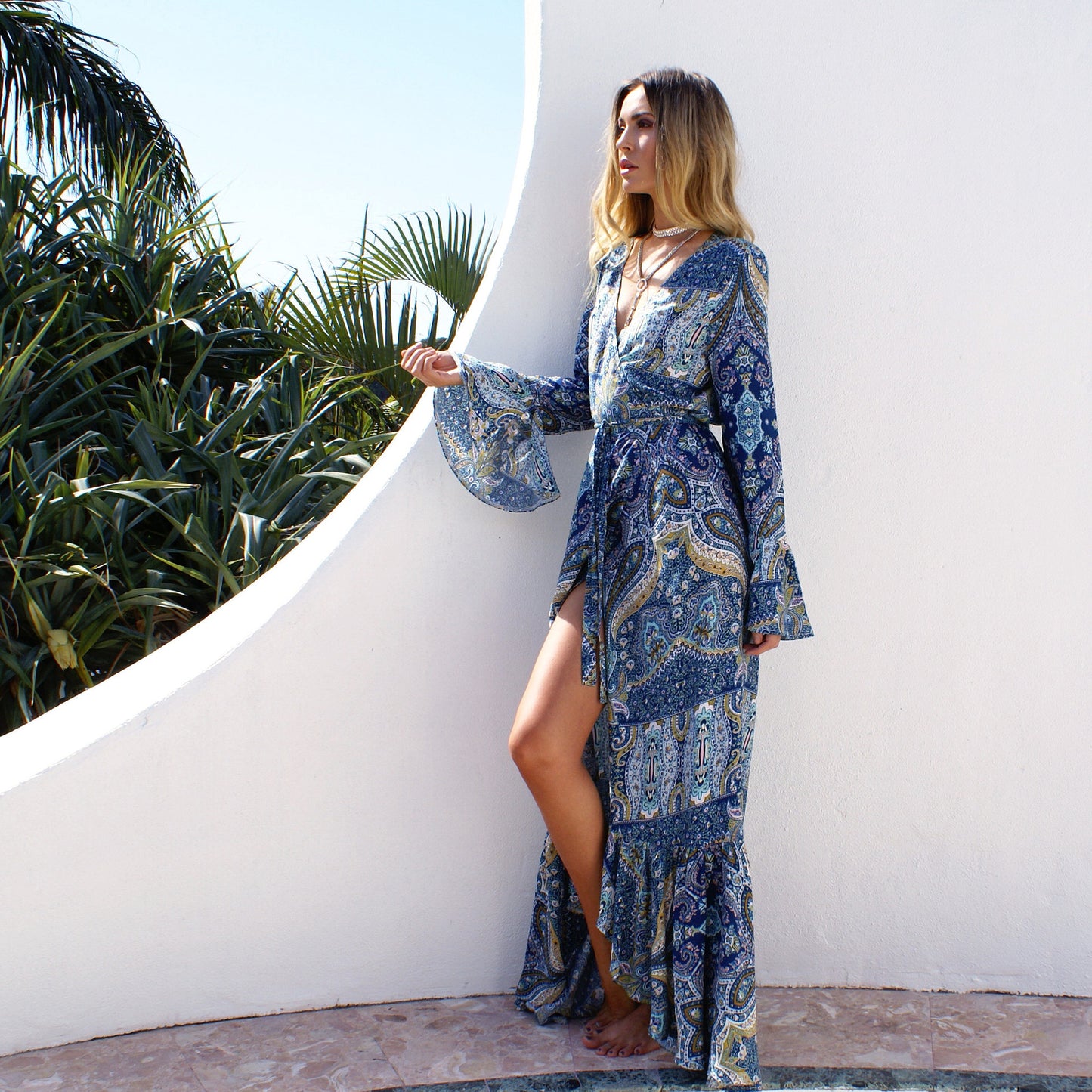 NS040 2022 Summer Blue Dress for Women  Beach Long Dress Women Bandana Casual Boho Dress