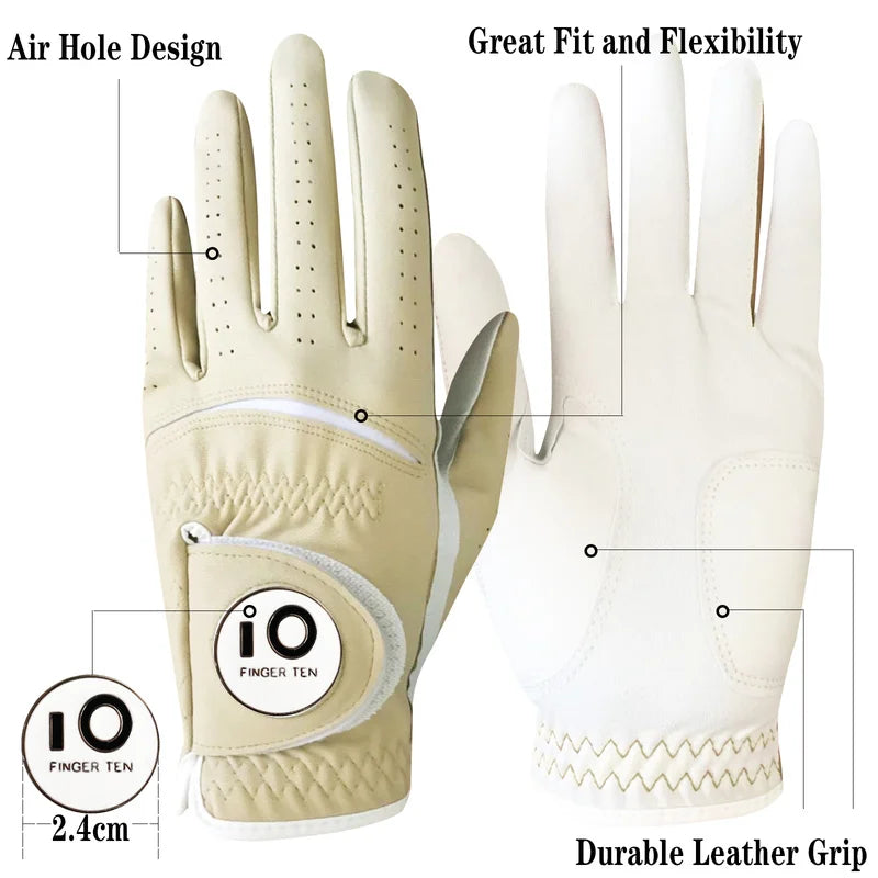2 Pcs Soft Pu Leather Mens Golf Gloves With Ball Marker Cabretta All Weather Grip Navy Khaki Red Small Medium Large XL