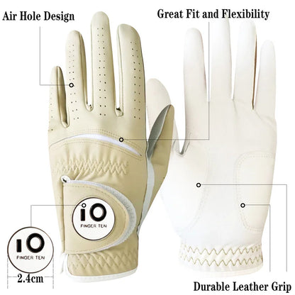2 Pcs Soft Pu Leather Mens Golf Gloves With Ball Marker Cabretta All Weather Grip Navy Khaki Red Small Medium Large XL