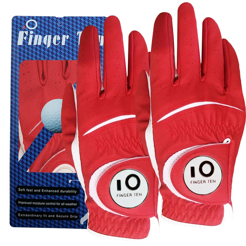 2 Pcs Soft Pu Leather Mens Golf Gloves With Ball Marker Cabretta All Weather Grip Navy Khaki Red Small Medium Large XL