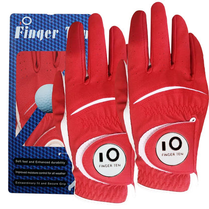 2 Pcs Soft Pu Leather Mens Golf Gloves With Ball Marker Cabretta All Weather Grip Navy Khaki Red Small Medium Large XL