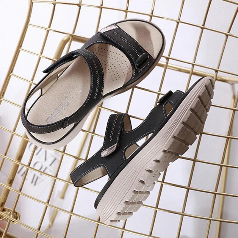 WOIZGIC Women's Ladies Mother Female PU Leather Sandals Shoes Platform Summer Cool Beach Hook Loop Non Slip Plus Size 41 42