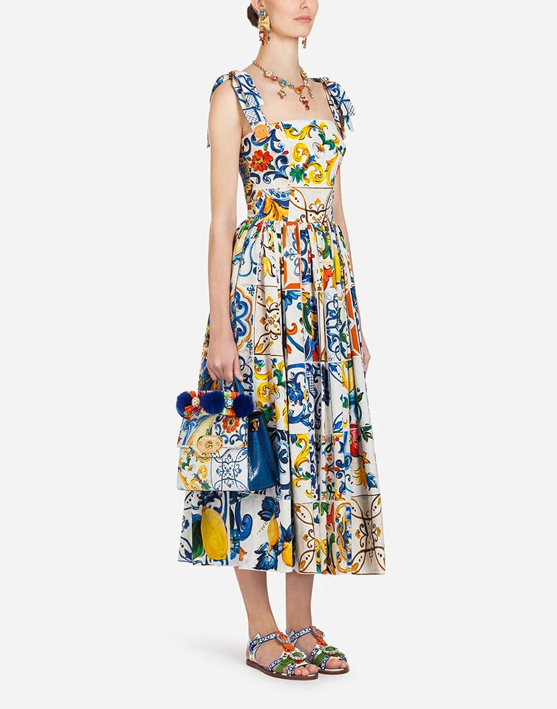 Summer Sundress Runway Rose Floral Print Cotton Dress Women Off Shoulder Puff Sleeve Flower Buttons Pocket Beach Sexy Dress