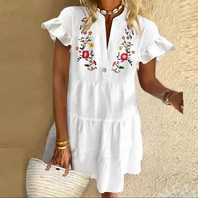 Casual Mini Dress Woman v Neck Summer Dress 2023 Vintage Print Patchwork Loose Beach Dress Ladies Party Dresses