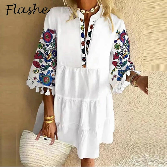 Casual Mini Dress Woman v Neck Summer Dress 2023 Vintage Print Patchwork Loose Beach Dress Ladies Party Dresses