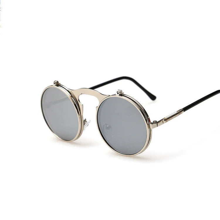 Retro Flip Round Sunglasses Man Woman Metal Steampunk Style Sun Glasses Male Female Double Circular Clear Lens Eyeglasses