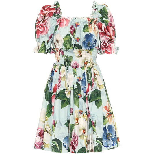 Summer Sundress Runway Rose Floral Print Cotton Dress Women Off Shoulder Puff Sleeve Flower Buttons Pocket Beach Sexy Dress