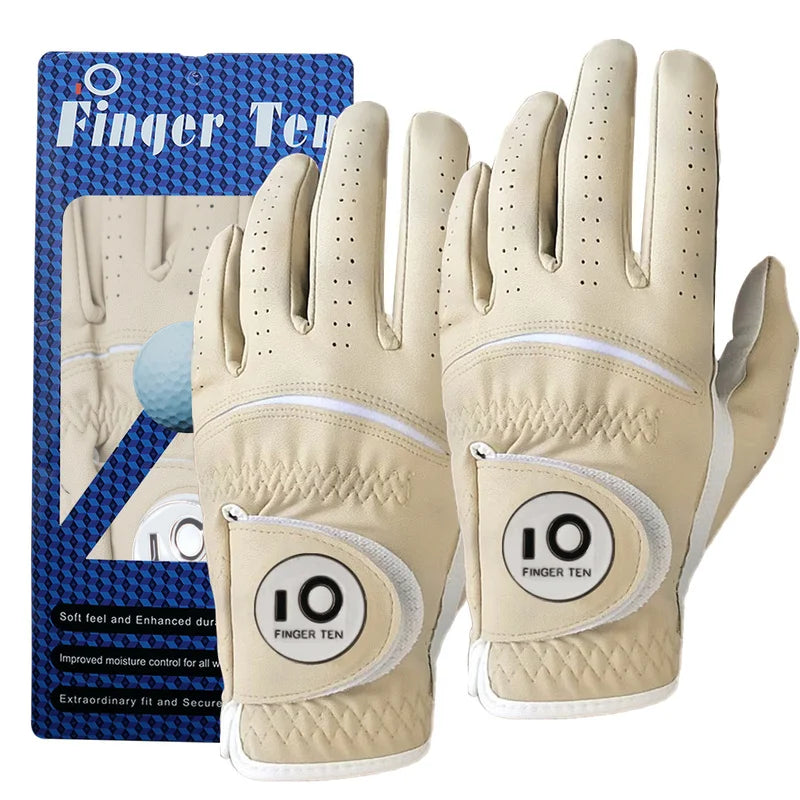 2 Pcs Soft Pu Leather Mens Golf Gloves With Ball Marker Cabretta All Weather Grip Navy Khaki Red Small Medium Large XL