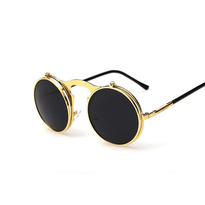 Retro Flip Round Sunglasses Man Woman Metal Steampunk Style Sun Glasses Male Female Double Circular Clear Lens Eyeglasses