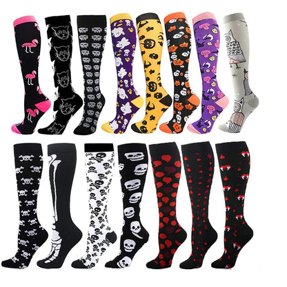 Compression Socks Women Men Outdoor Sports Halloween Series Animals Flamingo Shark Monkey Cat Bones Pressure Elastic Stockings