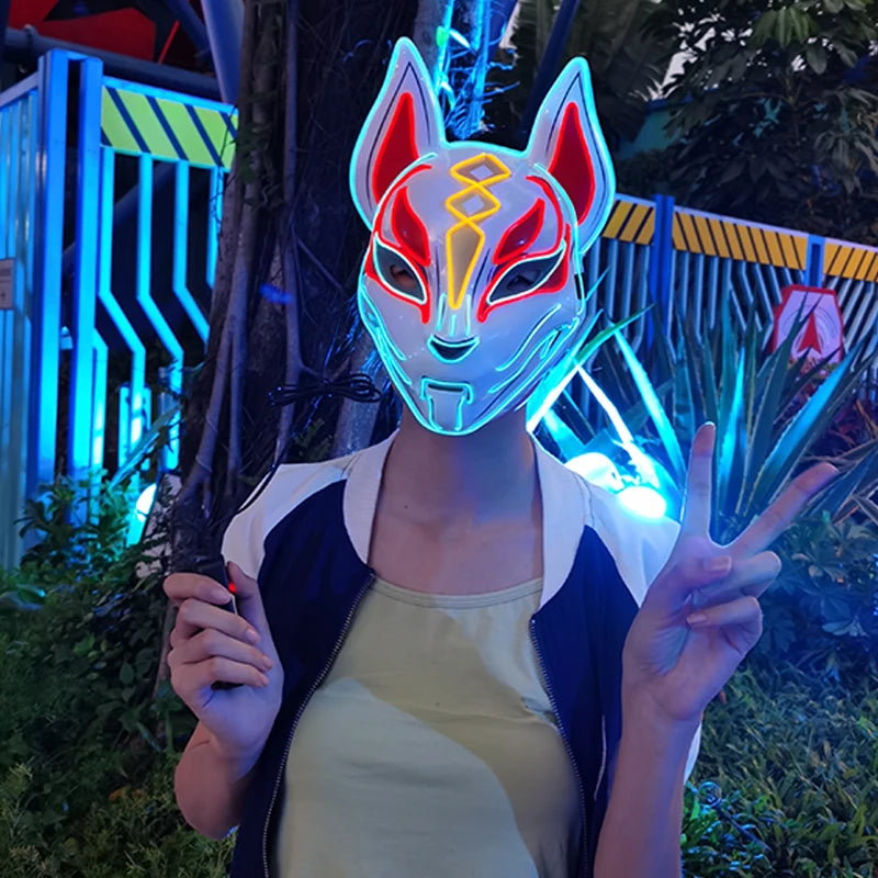 Anime Expro Decor Japanese Fox Mask Neon Led Light Cosplay Mask Game Theme Party Cos Dance DJ Payday Costume Props