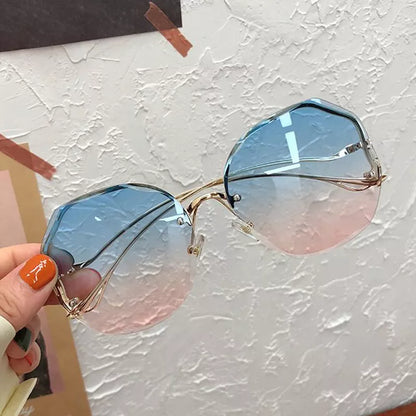 Irregular Round Sunglasses Woman Brand Designer Gradient Fashion Sun Glasses Female Rimless Metal Curved Temples Oculos De Sol