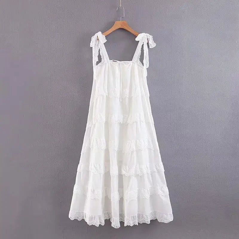 KHALEE YOSE White Summer Long Dress Boho Holiday Dresses Womens Cotton Lace Off the Shoulder Chic Strappy Layer Sexy Beach Dress