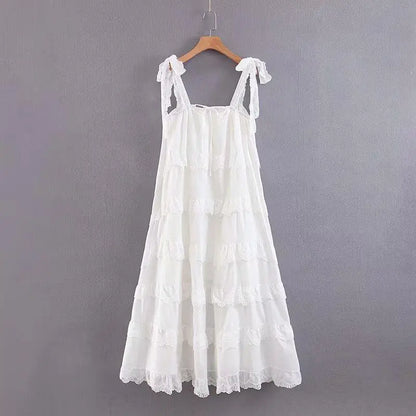 KHALEE YOSE White Summer Long Dress Boho Holiday Dresses Womens Cotton Lace Off the Shoulder Chic Strappy Layer Sexy Beach Dress
