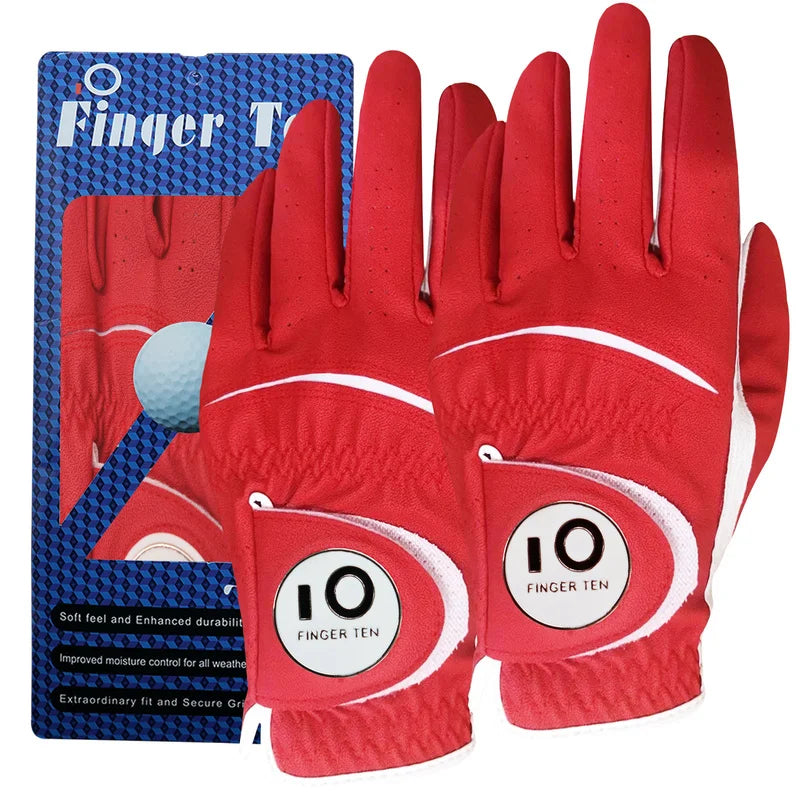 2 Pcs Soft Pu Leather Mens Golf Gloves With Ball Marker Cabretta All Weather Grip Navy Khaki Red Small Medium Large XL