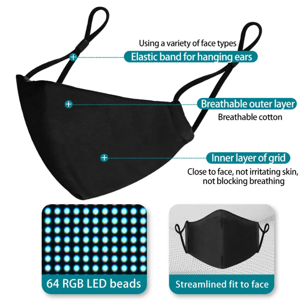 LED Voice Activated Face Mask USB Rechargeable Sound Active Light Up Face Mask for Costume Christmas Halloween Party Masks