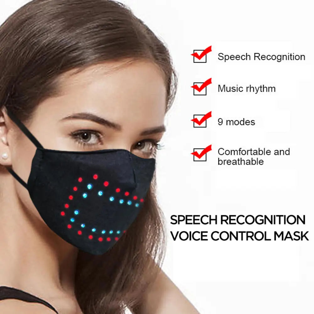 LED Voice Activated Face Mask USB Rechargeable Sound Active Light Up Face Mask for Costume Christmas Halloween Party Masks