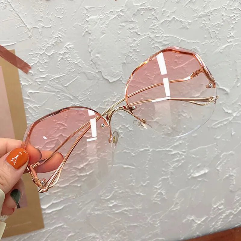 Irregular Round Sunglasses Woman Brand Designer Gradient Fashion Sun Glasses Female Rimless Metal Curved Temples Oculos De Sol