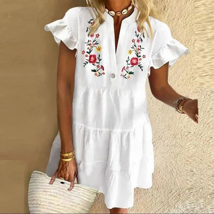 Casual Mini Dress Woman v Neck Summer Dress 2023 Vintage Print Patchwork Loose Beach Dress Ladies Party Dresses